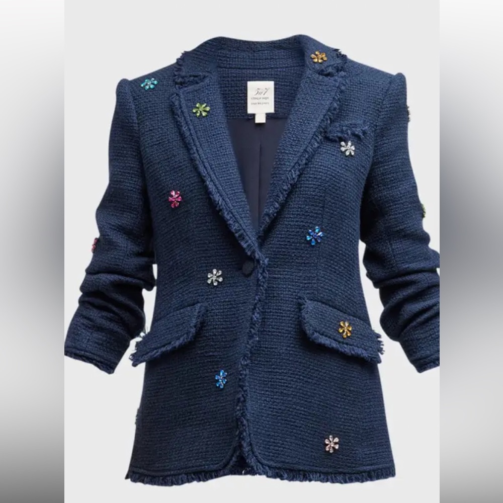 cinq a sept Navy Tweed Blazer with Multicolor Gem Flower Embellishments